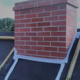 Murowany komin z cegły na dachu pokrytym czarną membraną, zabezpieczony taśmą uszczelniającą SIGA Wigluv, widoczne elementy drewnianej konstrukcji dachu.