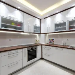 Nowoczesna, narożna kuchnia z białymi, lakierowanymi frontami, drewnianymi blatami i podświetleniem LED pod szafkami wiszącymi z matowymi szybami.