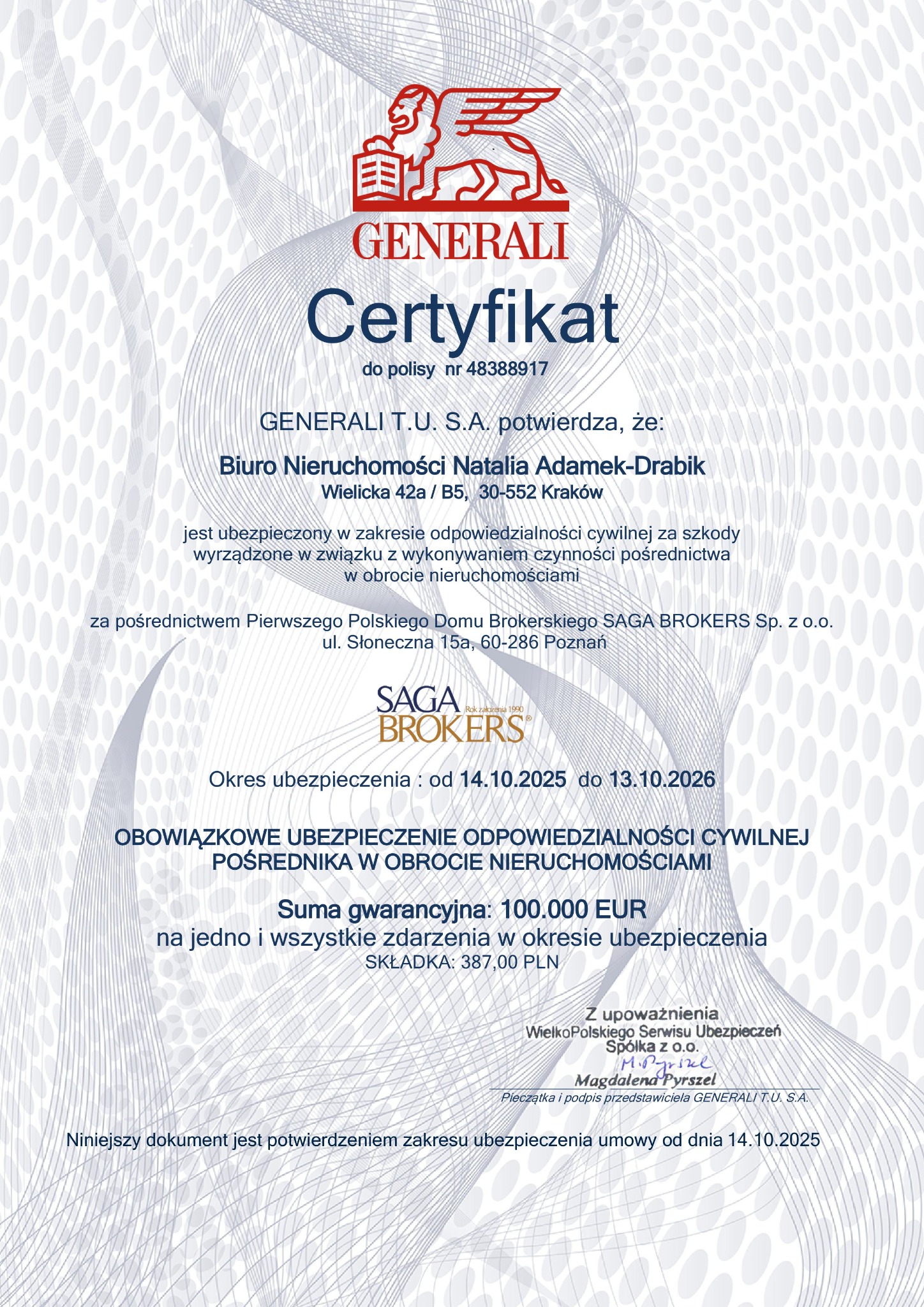 Certyfikat ubezpieczenia OC pośrednika nieruchomości Generali T.U. S.A. dla Biura Nieruchomości Natalia Adamek-Drabik, ważny od 14.10.2025 do 13.10.2026.