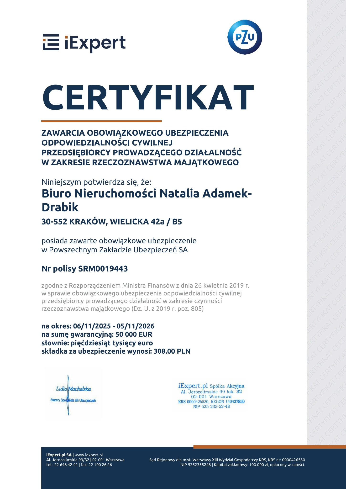 Certyfikat OC biura nieruchomości Natalia Adamek-Drabik, potwierdzający ubezpieczenie w zakresie rzeczoznawstwa majątkowego w PZU, ważny do 05/11/2026.
