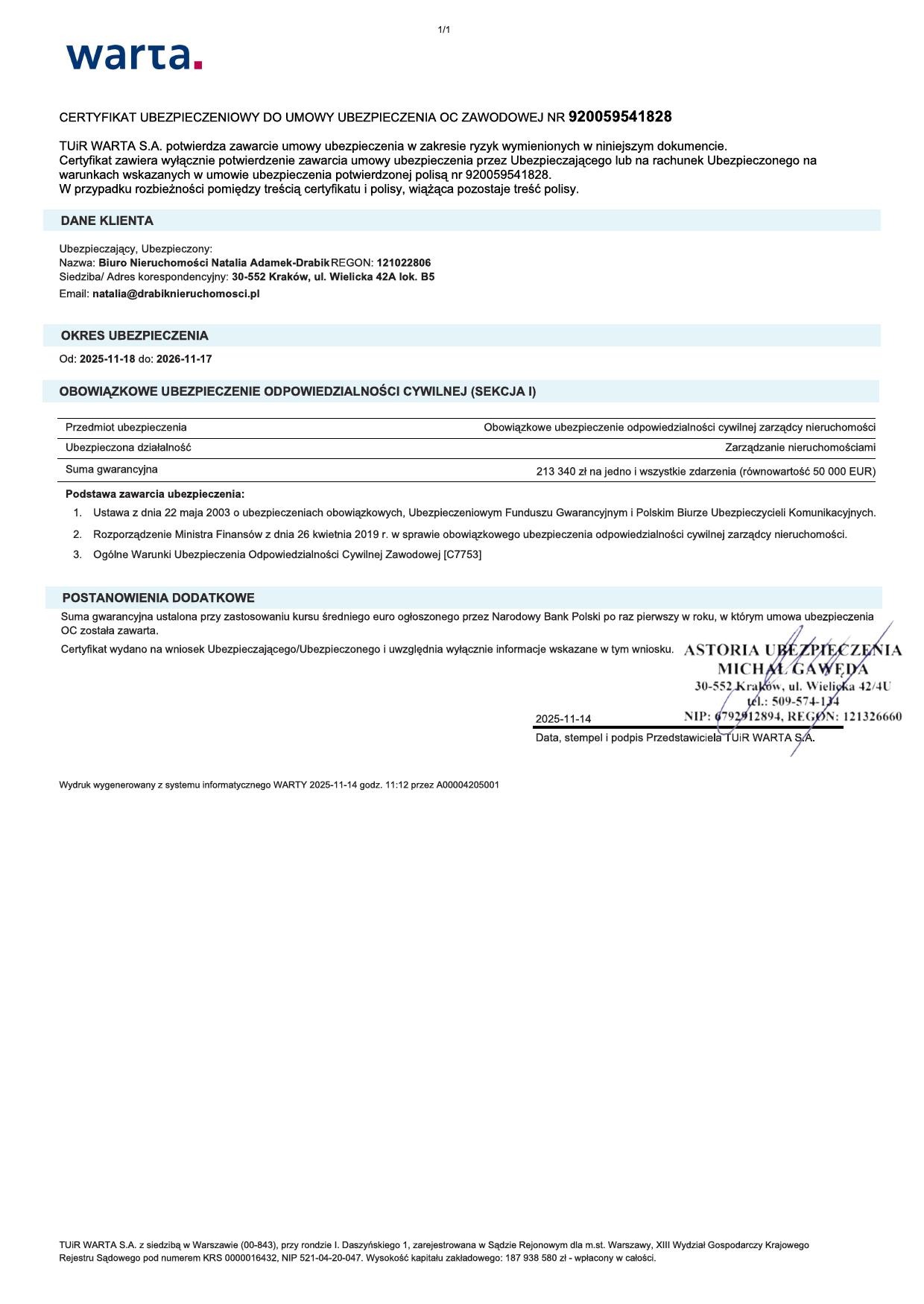 Certyfikat ubezpieczenia OC zawodowej biura nieruchomości Natalia Adamek-Drabik (Warta), potwierdzający zawarcie umowy. Zawiera dane klienta, okres ubezpieczenia i sumę gwarancyjną.