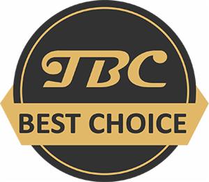 Złoto-czarna okrągła odznaka z napisem 'TBC BEST CHOICE' w ozdobnej czcionce.
