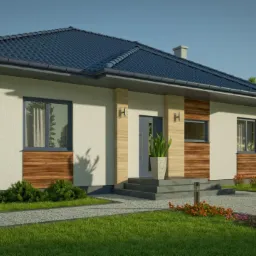 Wizualizacja parterowego domu jednorodzinnego z dwuspadowym, ciemnogranatowym dachem, elewacją w odcieniach bieli i beżu oraz elementami dekoracyjnymi z drewnopodobnych paneli, otoczonego zadbanym...