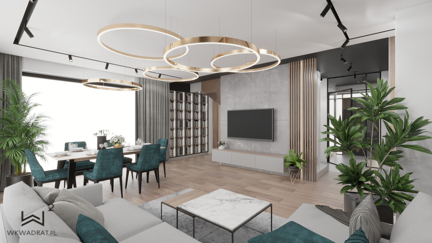 Wizualizacja przestronnego salonu z jadalnią w Toruniu, z dominującą bielą sofy i marmurowym stolikiem kawowym, akcentowanymi turkusowymi krzesłami przy stole i roślinami doniczkowymi, oświetlonego...