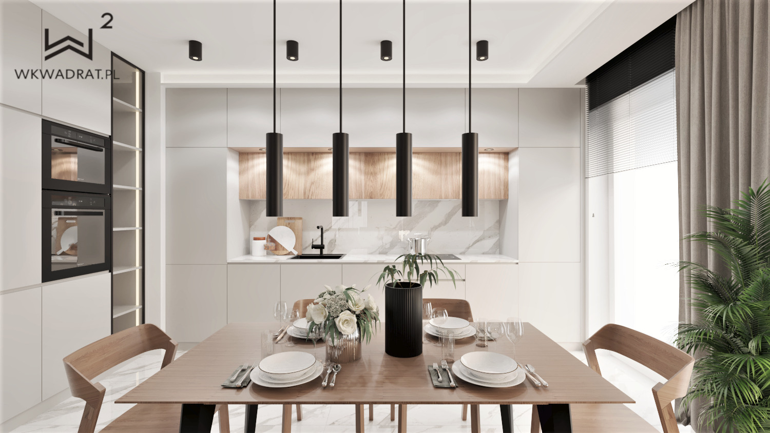 Nowoczesna jadalnia z białymi szafkami kuchennymi, marmurowym blatem, drewnianym stołem z nakryciem i czarnymi lampami wiszącymi, uzupełniona roślinami doniczkowymi i zasłonami w neutralnym kolorze.