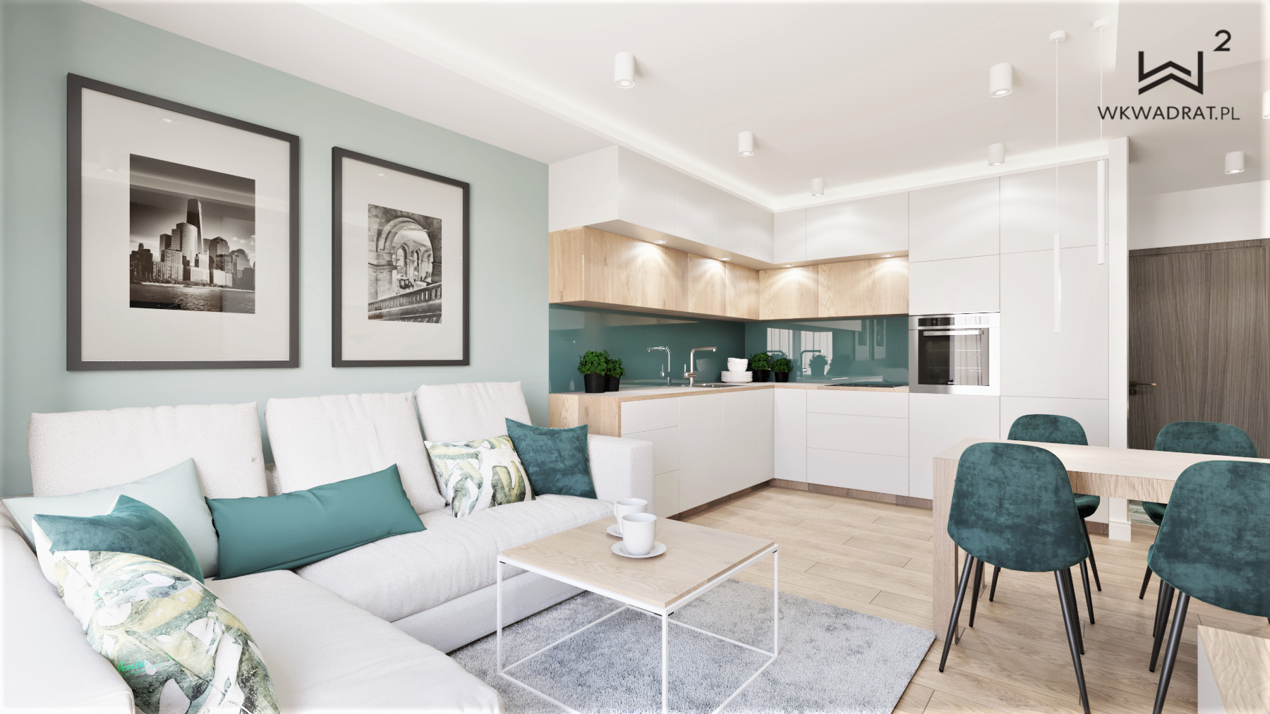 Nowoczesne wnętrze: salon z narożną sofą, czarno-białe zdjęcia na ścianie, otwarta kuchnia z drewnianymi akcentami i turkusowym szkłem, stół z krzesłami w kolorze butelkowej zieleni.
