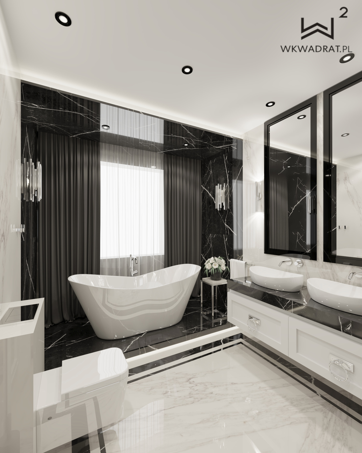 Elegancka łazienka w bieli i czerni z marmurowymi akcentami, wolnostojąca wanna, dwie umywalki nablatowe, szare zasłony i dekoracyjne oświetlenie.