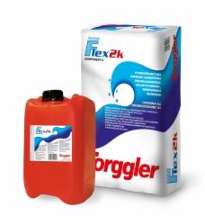 Pomarańczowy kanister z tworzywa sztucznego i biały worek zaprawy klejowej z niebieskimi akcentami i logo Förggler na jednolitym tle.