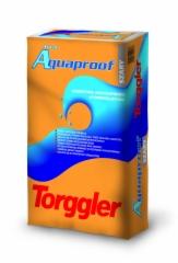 Pomarańczowe opakowanie zaprawy Aquaproof marki Torggler z niebieskim motywem fali i napisem 'SZARY'.