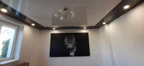 Pokój z białymi ścianami, czarną ramą z oświetleniem LED pod sufitem napinanym i obrazem przedstawiającym jaguara na ścianie.