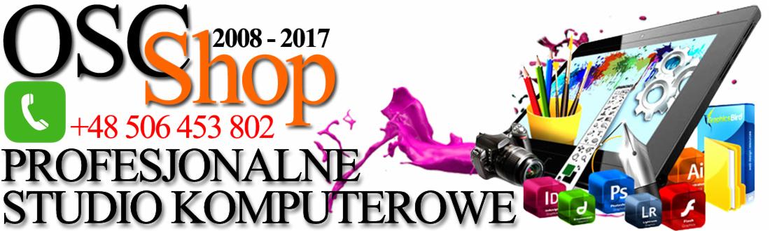 Kompozycja graficzna z logotypem, telefonem kontaktowym, tabletem graficznym, oprogramowaniem Adobe (Photoshop, Illustrator, InDesign, Lightroom), aparatem fotograficznym i kolorowymi plamami farby.