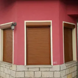 Dom z trzema oknami z brązowymi roletami zewnętrznymi, elewacja w kolorze różowym, kamienne wykończenia, widoczny kot na chodniku i częściowo zasypany śniegiem krajobraz w tle.