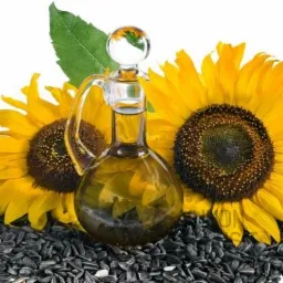 Karafka z olejem otoczona słonecznikami i nasionami słonecznika na białym tle, widoczne odbicie słonecznika w szklanej zatyczce karafki.