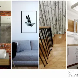 Kolaż czterech różnych wnętrz: łazienka z umywalką na tle ceglanej ściany, salon z szarą sofą i obrazem ptaka, schody z drewnianymi stopniami i tapetą z motywem drzew, gabinet dentystyczny...