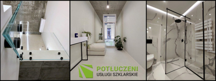 Kompozycja trzech ujęć: szklana balustrada schodowa z czarnymi mocowaniami, minimalistyczny przedpokój z roślinami doniczkowymi oraz kabina prysznicowa typu walk-in z czarnymi profilami...