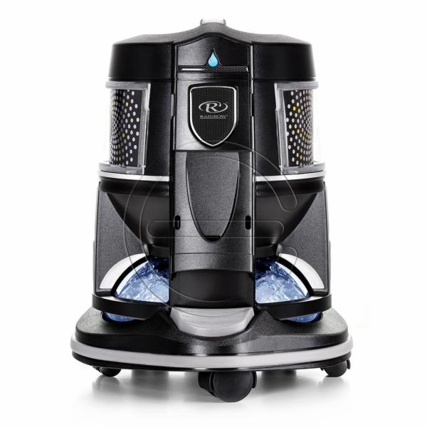 Czarny odkurzacz wodny Rainbow z widocznym zbiornikiem wody, logo na obudowie i filtrami po bokach, ustawiony na białym tle.