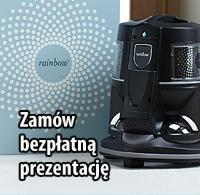 Czarny odkurzacz wodny Rainbow na białym tle, obok pudełko z logo Rainbow i napisem 'Zamów bezpłatną prezentację'.