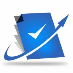 Grafika wektorowa przedstawia niebieską kartkę z białym symbolem zaznaczenia (ptaszka) oraz strzałką skierowaną w górę, sugerującą wzrost i akceptację dokumentów, z efektem cienia i perspektywy.