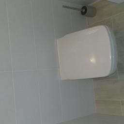 Maro Kompleksowa Obsługa Inwestycji - Nowoczesna toaleta wisząca z chromowanym przyciskiem spłukującym na tle szarych płytek imitujących drewno.