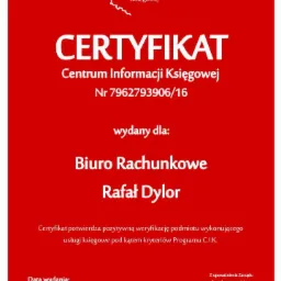 Certyfikat Centrum Informacji Księgowej nr 7962793906/16 wydany dla Biura Rachunkowego Rafał Dylor, potwierdzający pozytywną weryfikację usług księgowych, data wydania 28.11.2016, czerwone tło.