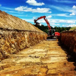 Czerwona koparka Atlas 1504 M w głębokim wykopie o stromych, ziemnych ścianach, pod błękitnym niebem z białymi obłokami.