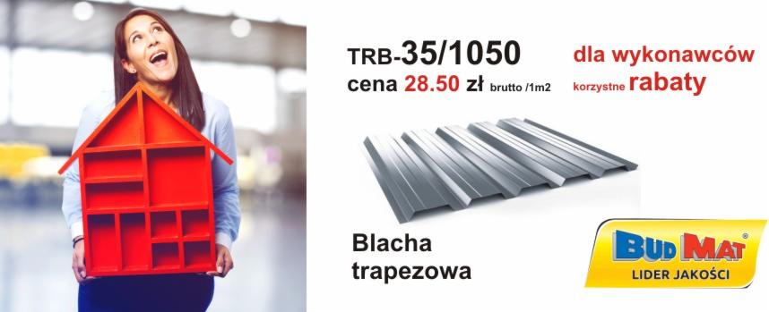 Kobieta trzymająca czerwony, drewniany model domu, obok blacha trapezowa, cena i logo producenta Budmat.