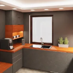 Nowoczesna kuchnia z szarymi szafkami, drewnianym blatem, oknem nad zlewem i ekspresem do kawy na blacie.