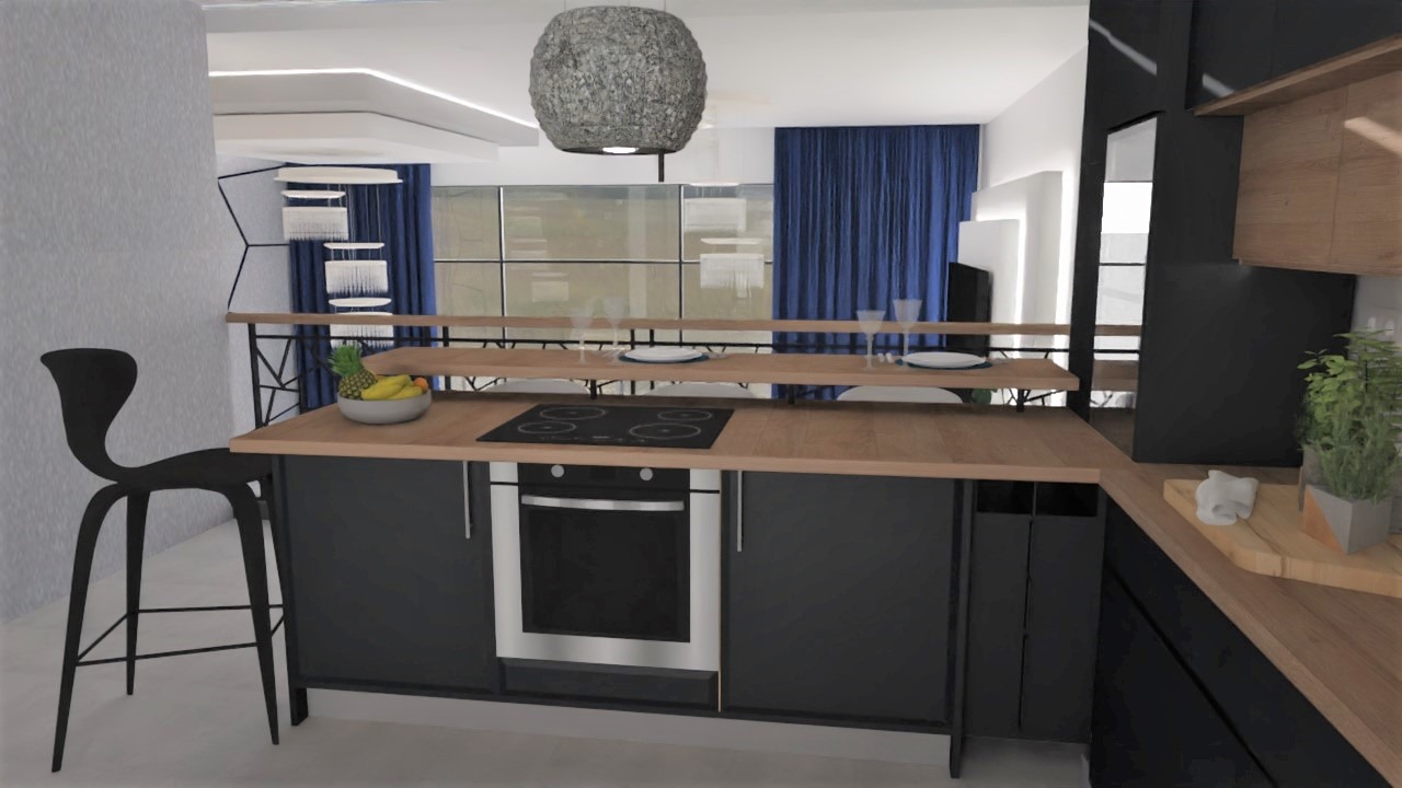 Wizualizacja nowoczesnej kuchni z czarnymi szafkami, drewnianym blatem, wyspą i wysokim krzesłem barowym, oświetlona lampą wiszącą w kształcie kuli.