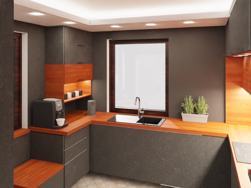 Nowoczesna kuchnia z szarymi szafkami, drewnianym blatem, oknem nad zlewem i ekspresem do kawy na blacie.