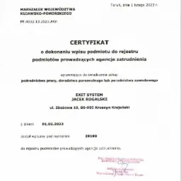 Skan certyfikatu wpisu do rejestru podmiotów prowadzących agencje zatrudnienia, wydany dla Exit System Jacek Rogalski w Toruniu, dnia 1 lutego 2023.