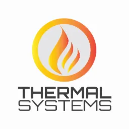 Logo firmy Thermal Systems: stylizowany płomień w okręgu z gradientem od żółtego do pomarańczowego, poniżej nazwa firmy napisaną pogrubioną czcionką.