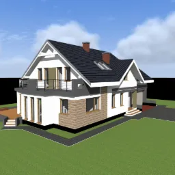Wizualizacja 3D dwukondygnacyjnego domu jednorodzinnego z balkonem, białymi ścianami, fragmentem elewacji z drewnopodobnej okładziny i ciemnoszarą dachówką.