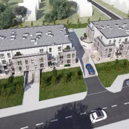 Wizualizacja architektoniczna dwóch nowoczesnych budynków wielorodzinnych z balkonami, otoczonych zielenią i samochodami na podjeździe, widok z lotu ptaka.