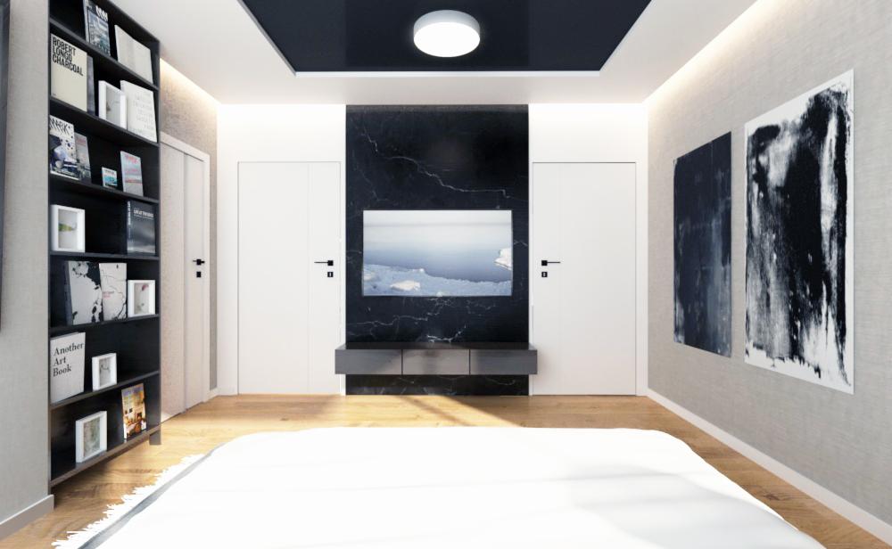 Minimalistyczna sypialnia z czarnym marmurem za telewizorem, drewnianą podłogą i półką z książkami po lewej stronie