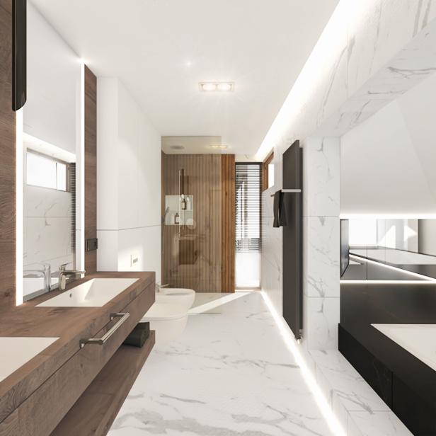 Nowoczesna łazienka z marmurową podłogą, drewnianą szafką pod umywalką, szklaną kabiną prysznicową z drewnianymi panelami i czarnym grzejnikiem drabinkowym.