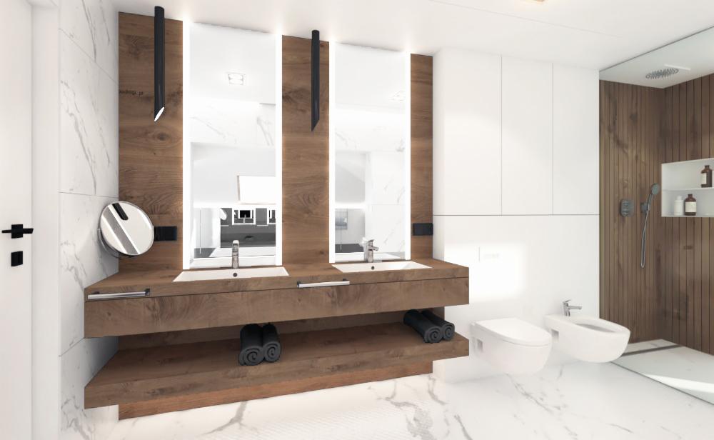 Nowoczesna łazienka z dwoma umywalkami w drewnianej zabudowie, podwieszane WC i bidet, marmurowa podłoga i ściany, oświetlenie punktowe.