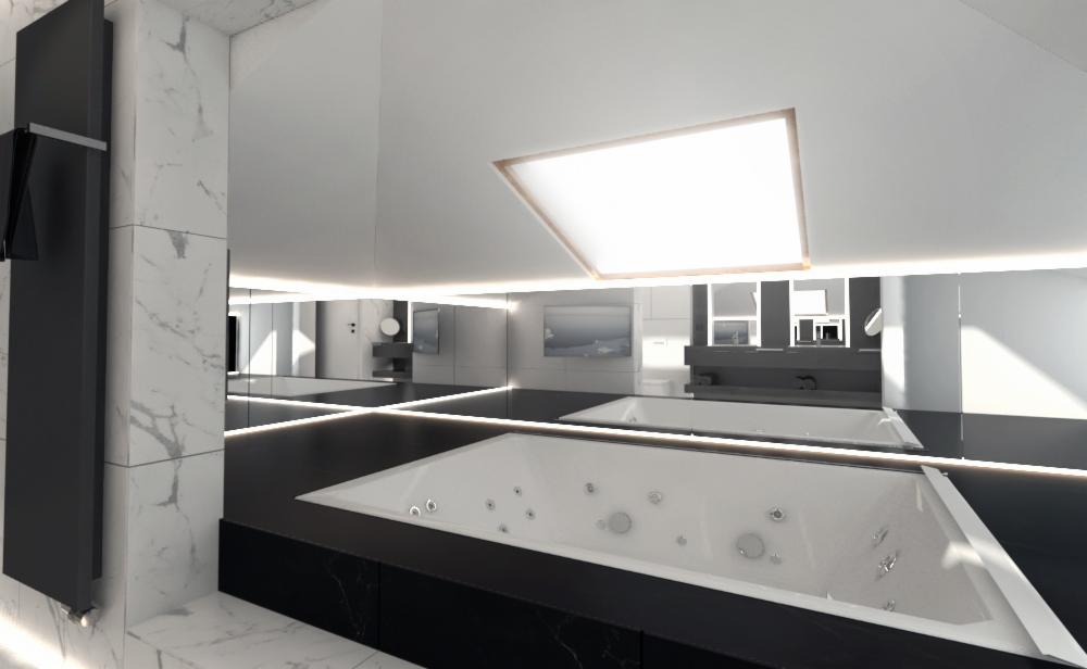 Nowoczesna łazienka z białą wanną jacuzzi obudowaną czarnym marmurem, widok na lustrzane ściany odbijające dalszą część pomieszczenia i minimalistyczne szafki.