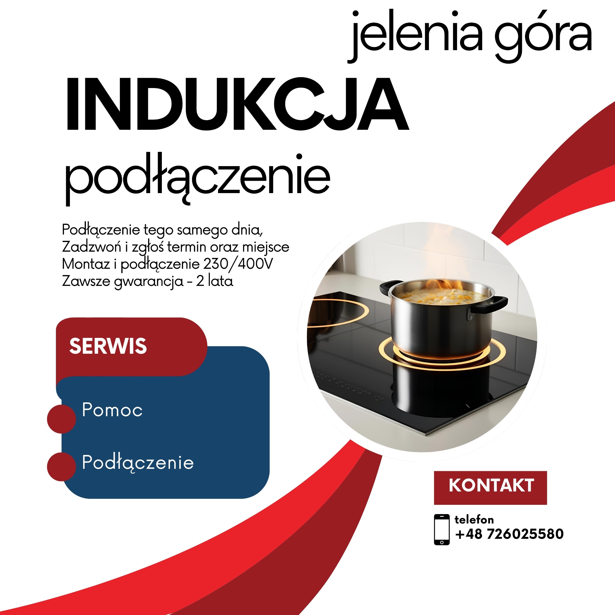 Grafika reklamowa: podłączenie płyty indukcyjnej w Jeleniej Górze. Na płycie indukcyjnej stoi garnek z gotującą się potrawą, obok dane kontaktowe.