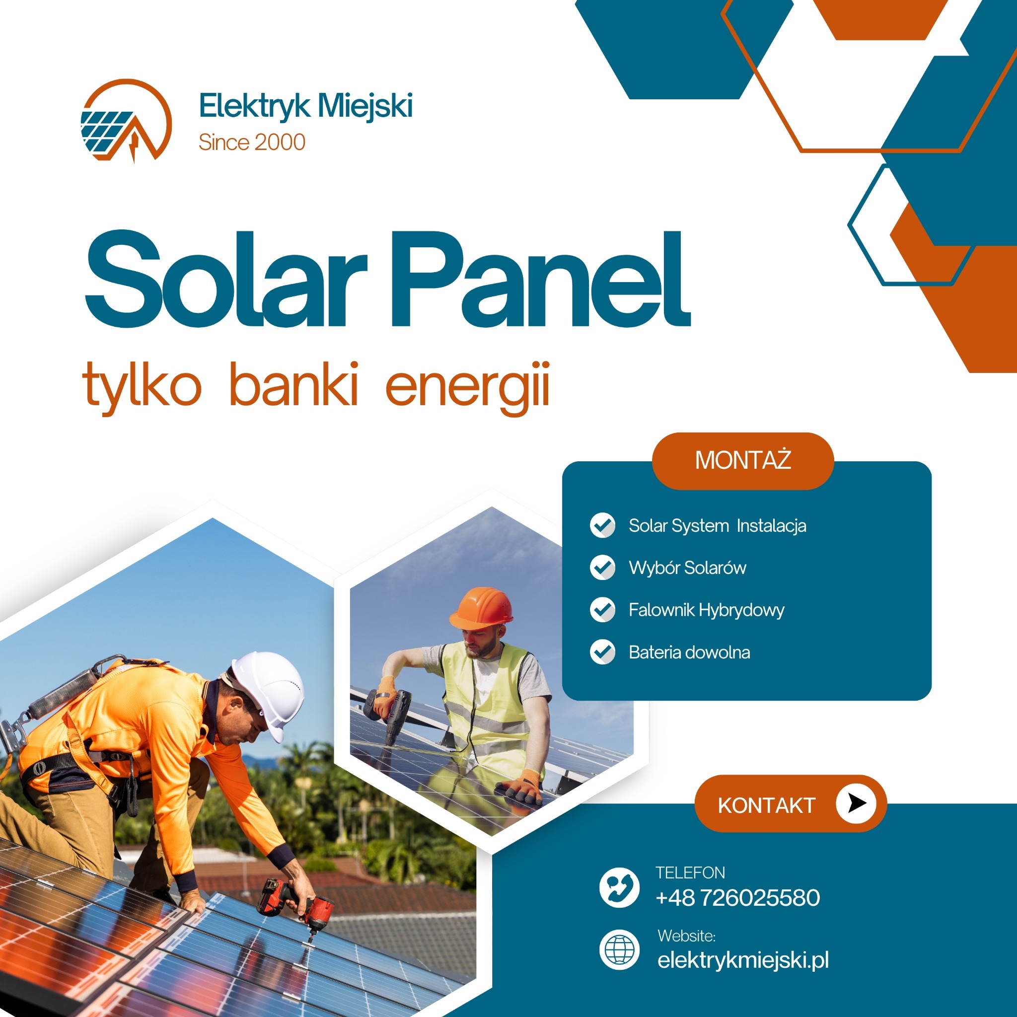 Grafika reklamowa: Instalacja paneli słonecznych. Elektryk montuje panel. Informacje o montażu, wyborze solarów, falowniku hybrydowym i bateriach. Kontakt do firmy.