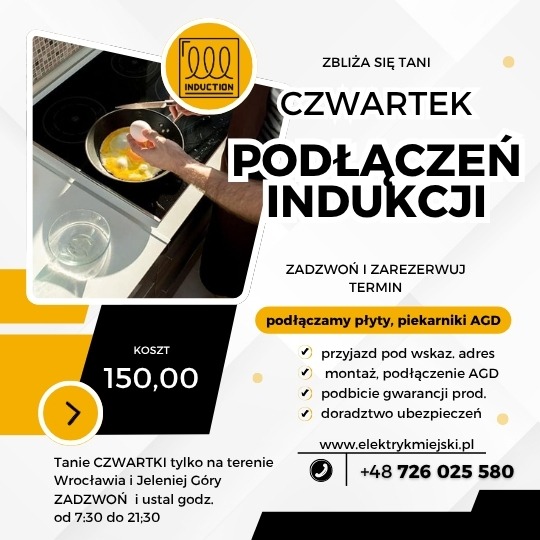 Grafika reklamowa: Tani Czwartek Podłączeń Indukcji. Płyta indukcyjna z patelnią, przygotowywane danie. Oferta podłączenia płyt i piekarników AGD, kontakt telefoniczny.