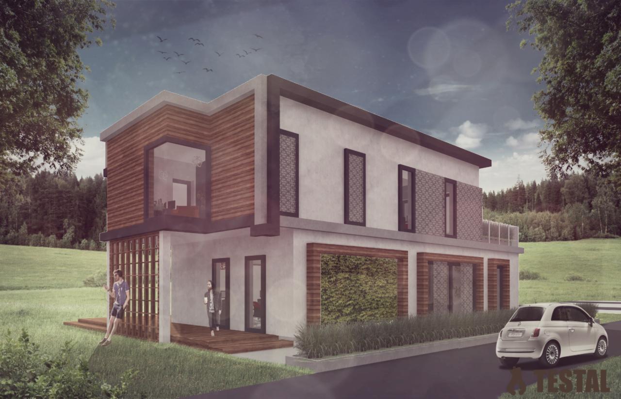 Wizualizacja projektu nowoczesnego biurowca z drewnianą elewacją, zielonymi ścianami i białym samochodem na podjeździe, na tle zielonego krajobrazu.