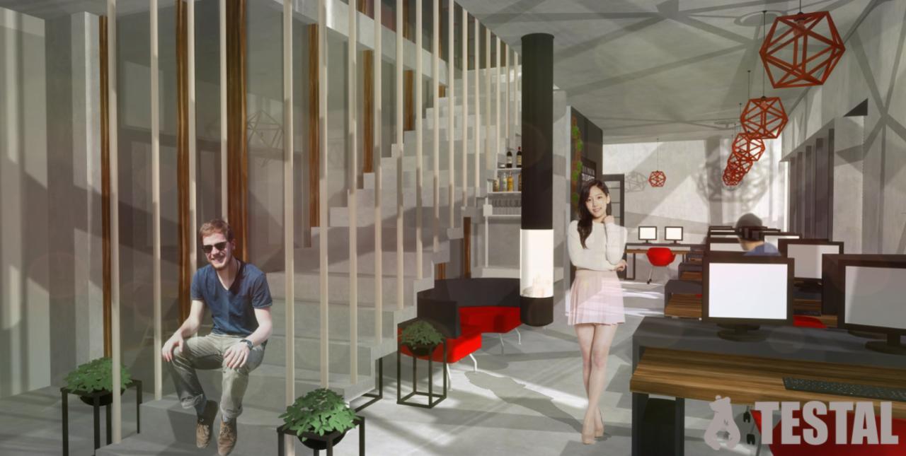 Wizualizacja dwupoziomowego biura z jasnymi schodami z drewnianymi barierkami, strefą relaksu z czerwonymi krzesłami i stanowiskami komputerowymi w tle, oświetlona geometrycznymi lampami wiszącymi.