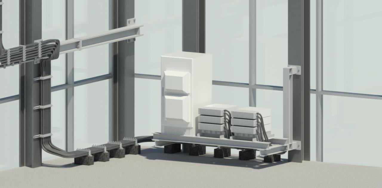 Wizualizacja instalacji konstrukcji stalowych z okablowaniem w biurze w Zielonej Górze, widoczne elementy wentylacyjne i podwieszone kable.