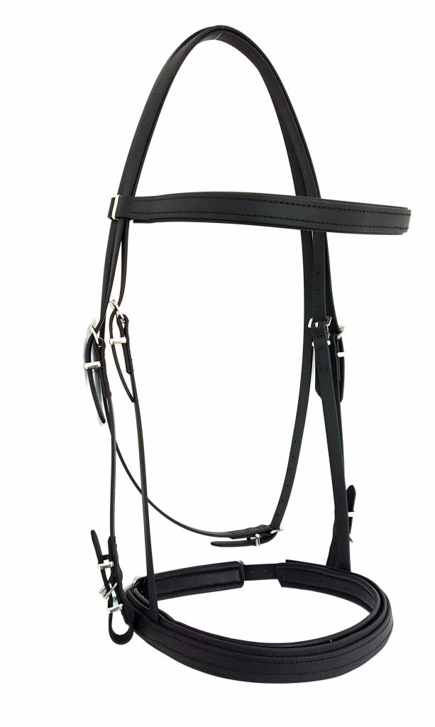 Czarny skórzany nagłówek dla konia z metalowymi sprzączkami, prezentowany na białym tle.