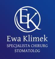 Logo gabinetu stomatologicznego Ewa Klimek. Na ciemnoniebieskim tle biały okrąg z wpisanymi literami E i K. Poniżej nazwa gabinetu i tytuł specjalisty chirurga stomatologa.