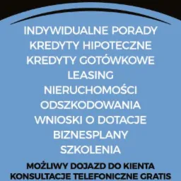 Baner reklamowy Kancelarii Finansowo-Prawnej z Grudziądza, oferującej porady prawne i finansowe, kredyty hipoteczne, gotówkowe, leasing, odszkodowania, wnioski o dotacje i szkolenia, z podanym...