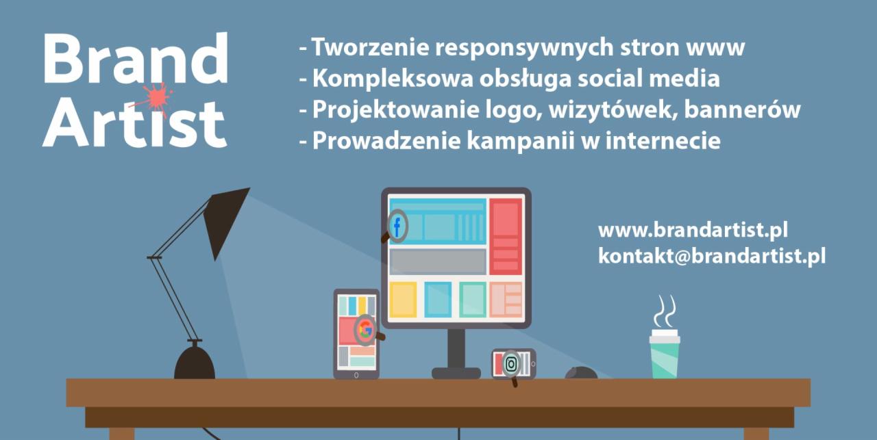 Ilustracja prezentująca ofertę agencji: tworzenie responsywnych stron, obsługa social mediów, projektowanie logo, wizytówek, bannerów, prowadzenie kampanii internetowych, z adresem strony i e-mail,...