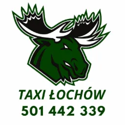 Grafika przedstawia logo firmy Taxi Łochów z motywem łosia w kolorze zielonym i czarnym, poniżej nazwa firmy i numer telefonu.