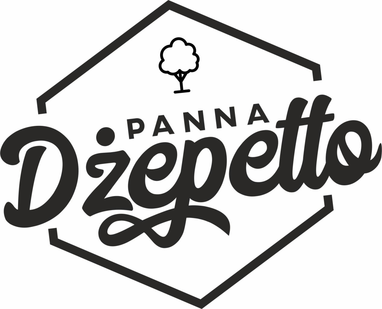 Czarno-białe logo firmy 'Dżepetto Panna' z stylizowanym drzewem w heksagonalnej ramce.
