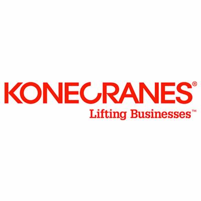 Czerwone logo firmy Konecranes z napisem 'Lifting Businesses' na białym tle.